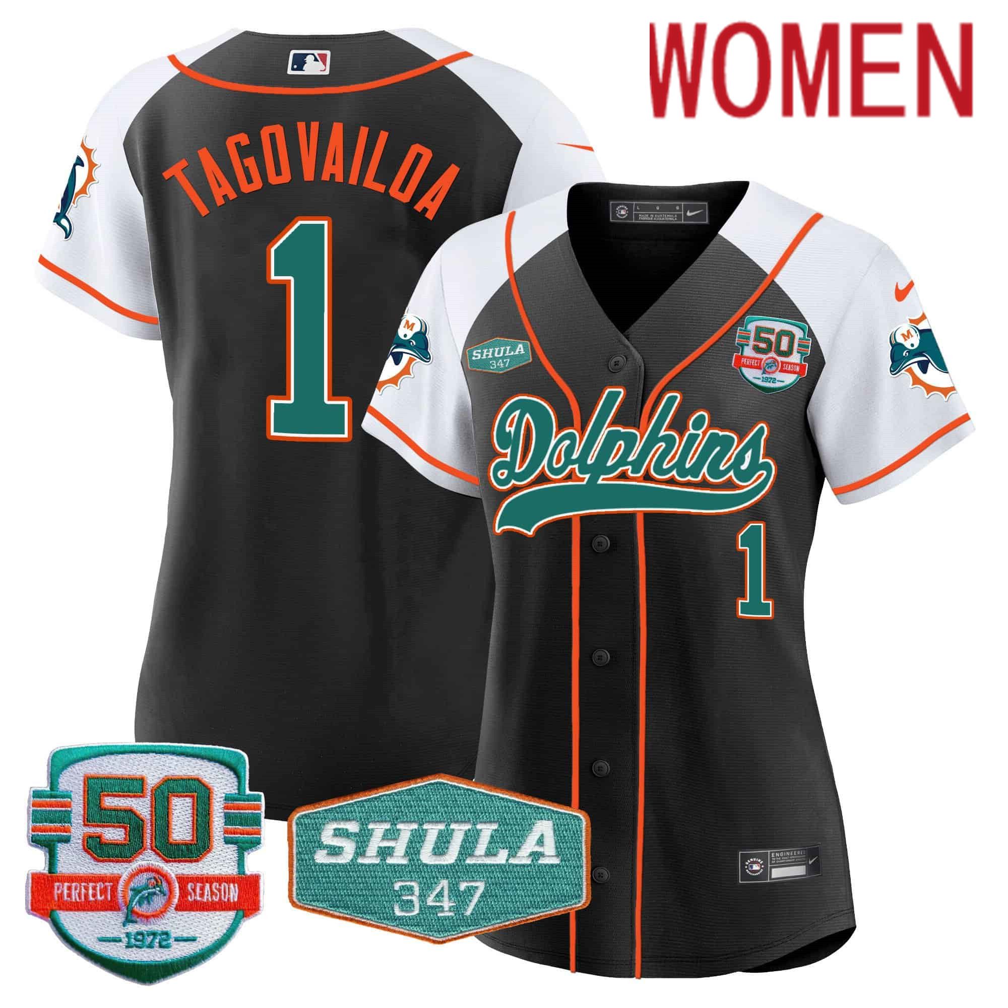 Women Miami Dolphins #1 Tagovailoa Black 2024 Nike 50th Don Shula Memorial Patch Baseball NFL Jersey->women nfl jersey->Women Jersey